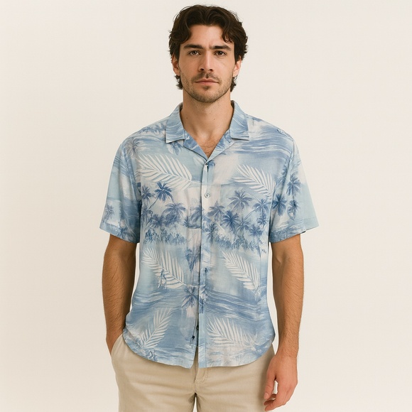 GUESS Blue Palm Print Rayon Resort Vacation Shirt Men L - Picture 1 of 8